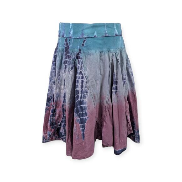 Tie Dyed Skirt Scarf Hem Fold Waistband Women’s Size Medium aqua mauve purple - Picture 3 of 8